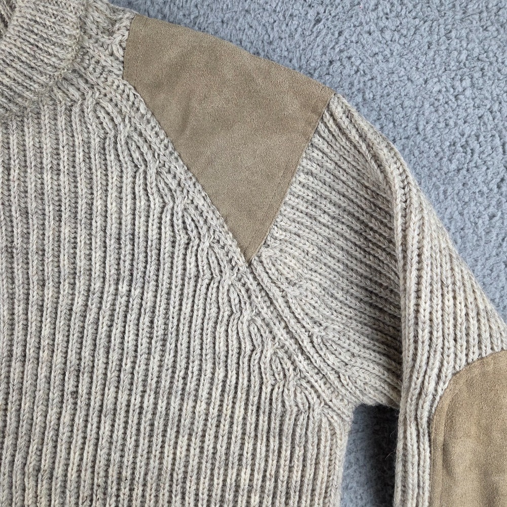 Woolyback British Knitwear Mens Large Pure Wool England Made Suede Patches Beige - Picture 2 of 8